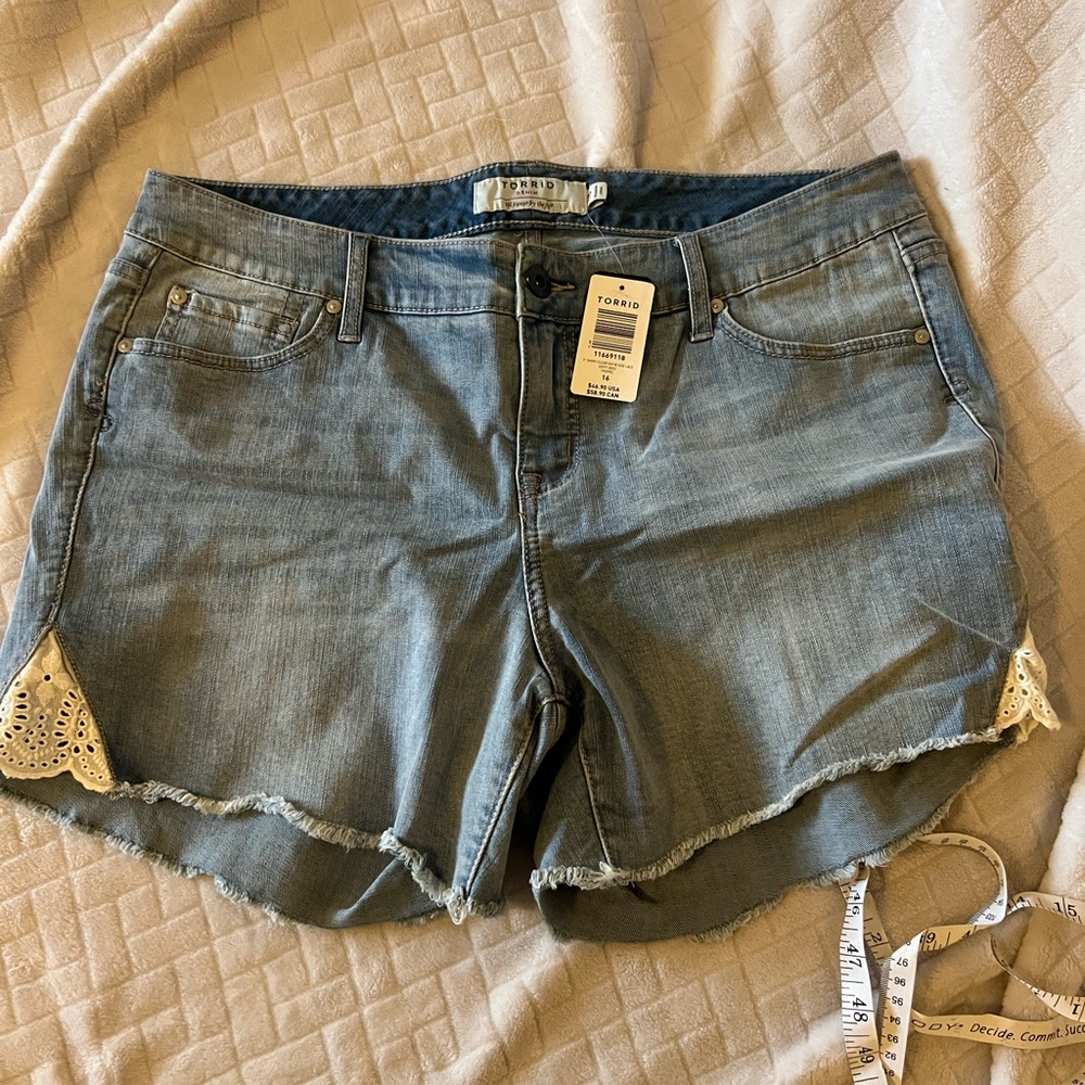 Torrid denim shorts w/ lace detail